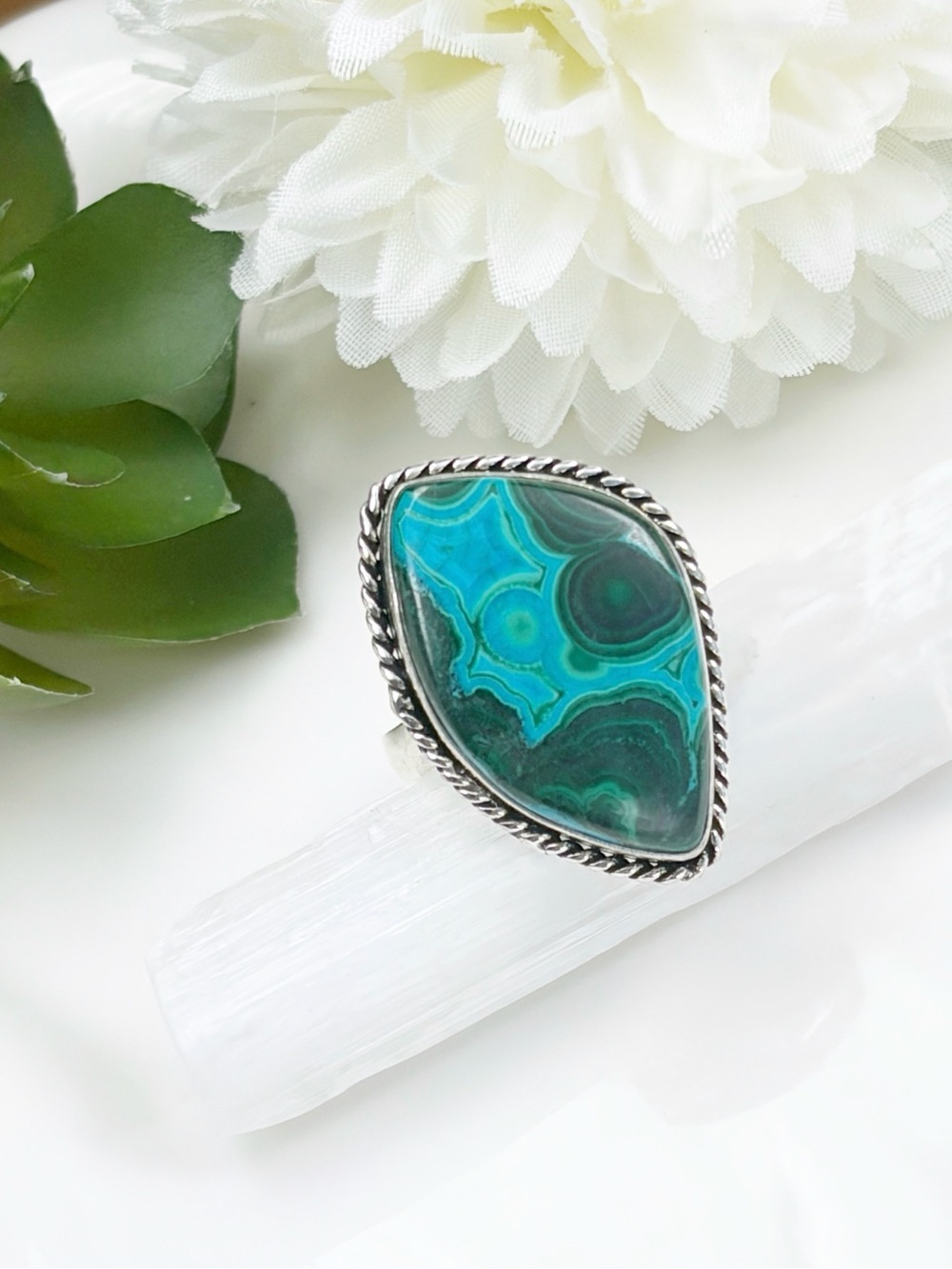 Big Malachite Chrysocolla Ring Size 9 1/4 9.25 to 9.5 Sterling Silver 925 Overla